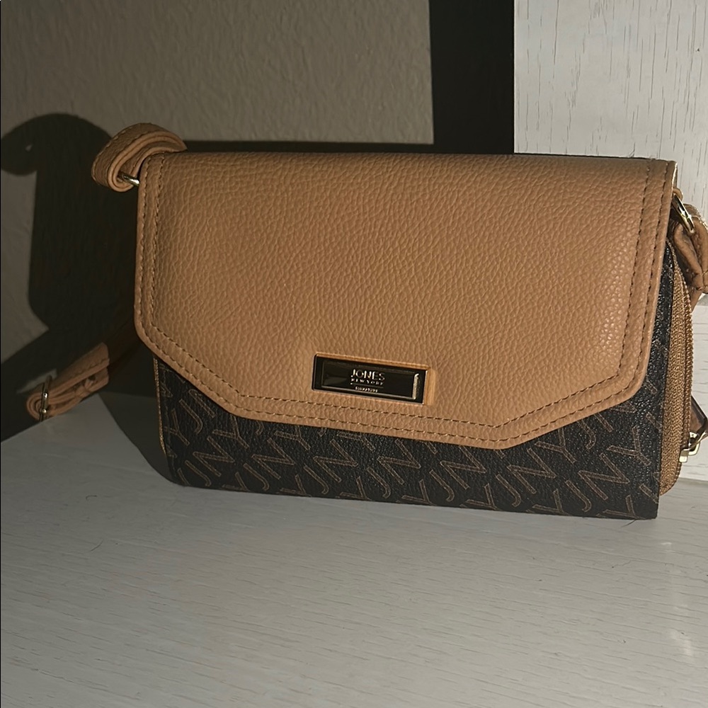 Jones New York Tan and Brown Crossbody Bag with Structured Design